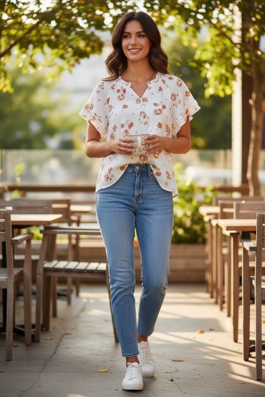 Wonderly Floral Gauze‎ Blouse Women's PM Petite Medium White Henley Boho Top